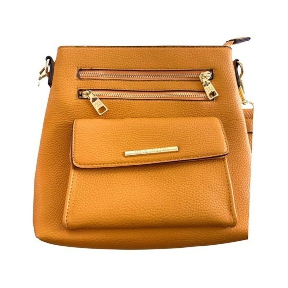 Steve Madden Crossbody Bag Tan Pebble Leather Flap Zip Pockets Adjustable Strap